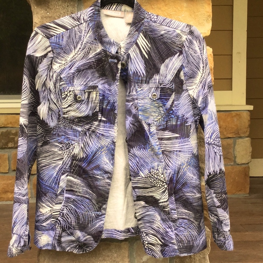 Chico’s feather tropical jacket travel lounge Sunday brunch spa farmer’s market